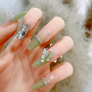 VIKSON INTERNATIONAL Green 3D butterfly stones studded long designer nails set. green, silver
