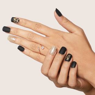 Lick - Press on Nails fake nails_Nail Press-n1_711 Golden Glittered & Matte Black With Cheetah Print