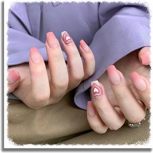 rk arts 24Pcs Beautiful Reusable Nails with Pink Cute Heart Design Set Pink