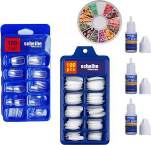 Scheibe 100pcs Transparent Nails 100pcs White Nails 3 Nail Glue and Nail art Wheel Combo White, Transparent