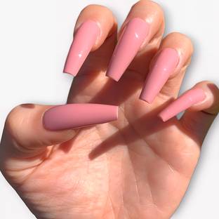 Shhagan Long Coffin Plain Light Pink Press on Nails in Glossy Finish Light Pink