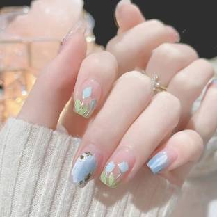 KILLFE Artificial Reusable Nails 24Pcs Set sky blue color flower Parten. Multicolor