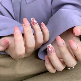 rk arts Valentine Cute Pink 24Pcs Artificial Nails Heart Design Pink