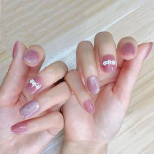 SECRET LIVES Designer cats eye artifical fake nails extension short translucent light pink 3D white flower design