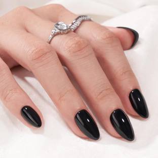 GIRISA Elegant Short Almond Nails Glossy Black With Free Glue Kit Black