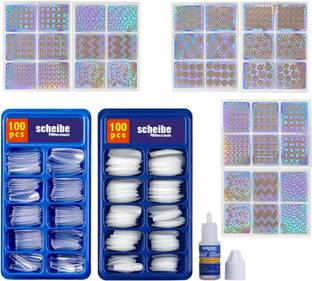 STEEL BANGLEZ 100 pcs White Nails, 100 Transparent Nails, 1 Nail Glue and 6 Sheets Stickers Multicolor