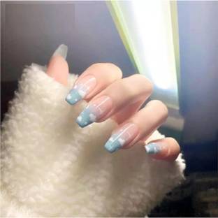 VIKSON INTERNATIONAL GREY light BLUE CLOUD STYLE long coffin UV GEL FINISH ARTIFICIAL FAKE NAILS set. grey, light blue, nude