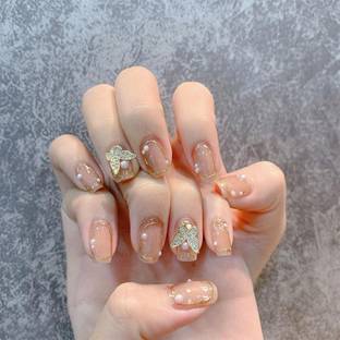 KILLFE Artificial Reusable Nails Butterfly & Stone Décor With Double-side Glue Peach, Glod