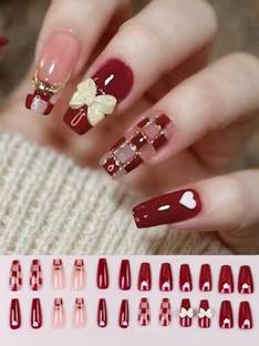 Love Secret Glossy Artificial Translucent Fake False Press on Nails Red Color Heart & Check Design with 3D Cream Bow Long 24 pieces Set with Kit