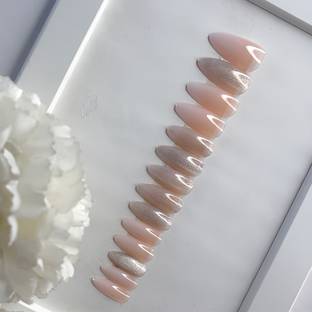 Shhagan Glossy Silver Glitter Fake Nails in Stiletto Nude