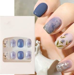 S.A.V.I 24 PCs - Blue Floral Press-On Nails, Short Fake Nail Set, Easy Manicur Blue Flower