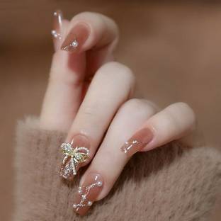 KILLFE Artificial Reusable Nails 24Pcs Pearl Bow With Double-side Glue Sticker Coffee, Brown