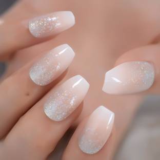 Shhagan Nude Silver Glitter Ombre Fake Artificial Press on Nails Glossy Finish, Coffin Shape
