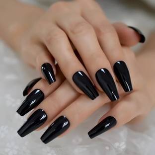 business venture 20 PC/Set Designer Black long coffin Reusable Artificial Nails with glue. black