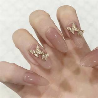 The Pink Truck Set of 24 Artificial reusable Nails in Golden color with butterfly with glue Beige, Golden