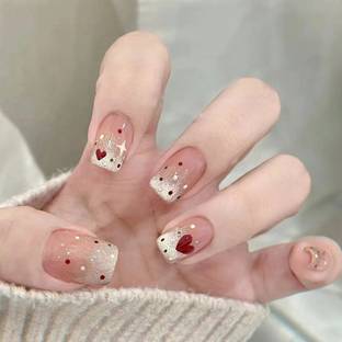 KILLFE Artificial Reusable Nails 24Pcs peach color red heart multicolor doit Parten Multicolor