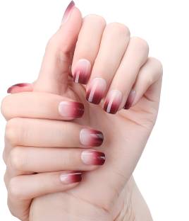 The NailzStation nails artificial nail fake designer press on extension with design glue Ombre Maroon