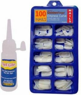 kHUDAt sti 100 Pcs Reusable Acrylic False Nails With Nail Glue For Womens & Girls White White