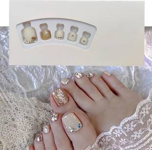 S.A.V.I 24pcs Nude Glitter 3D Crystal Press-On Toe Nails, Pedicure False Nails Nude Glitter 3D