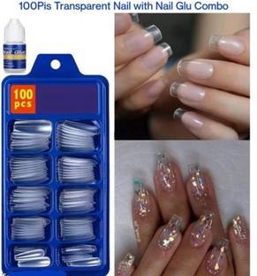 grasp Transparent Artificial Nails 100 piece and 1 nail glue pack of 2 Transparent