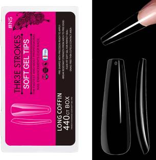THR3E STROKES Long Coffin Soft Gel Nail Tips | Full Cover Clear Soft Nail Tips for Artificial False Nails Extension | Nail Salons DIY Nail Art with Box (Clear)
