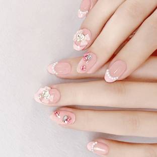 SECRET LIVES Glossy Reusable Artificial Translucent 24 Pieces Set with Kit Pink Color with 3D Pearls & Bow Design
