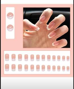 AMOK STORE Glossy French Tip Press-On Nails | Reusable Artificial Nails with Glue Acrylic Nails Elegant French Manicure False Nail, Nude Pink Base with White Tips