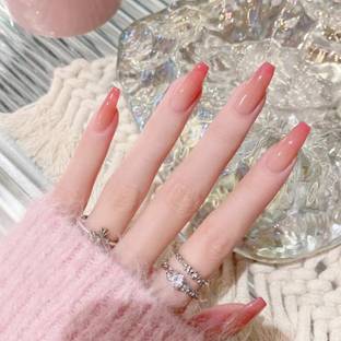 The Pink Truck Set of 24 Artificial reusable Nails in Tomato with Ombre Design with glue Red, Natural, Ombre
