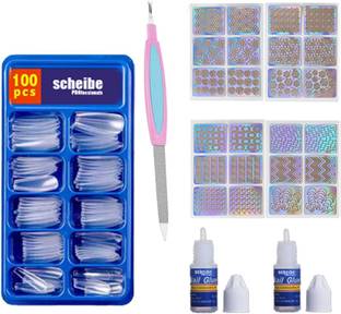 Scheibe 100 pcs Transparent Nails, 2 pcs Nail Glue, 4pcs Nail Art Sticker and Nail Filer Transparent