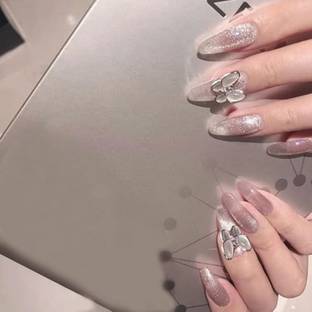 Love Secret Glossy Cats Eye Artificial Curve Shape Translucent Pink 3D Grey butterfly Design Press on Nails 24 pieces set with kit