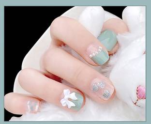 SECRET LIVES Designer Artifical extension nails with glue sheet matte greyish blue with pink color