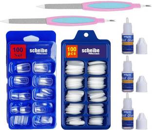 Scheibe 100pcs Transparent Nails 100pcs White Nails 3 Nail Glue and 2 Nail Filer combo White, Transparent