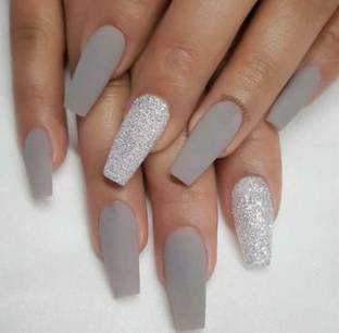 BOZLIN Reusable False Artificial Press on Nails Grey Colour with Glue & Glitter Grey