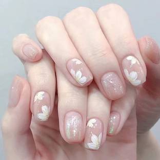 KILLFE Artificial Reusable Nails 24Pcs Set light pink color glitter flower print Multicolor