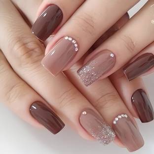 Shhagan Designer High Quality Press on nails-587 Dark Brown, Light Brown, Silver Glitter, Rhinestones