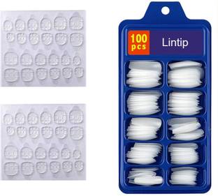 lintip 100pc Artificial False Nails with 2 sheet Double Sided Nail Glue Sticker White