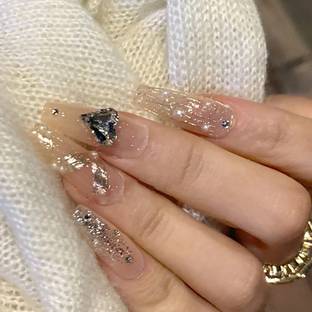 KILLFE Artificial Reusable Nails Crystal & Heart Décor With Double-side Glue Sticker Gold