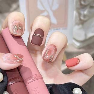 KILLFE Artificial Reusable Nails 24Pcs Set brown and peach color golden Parten. Multicolor