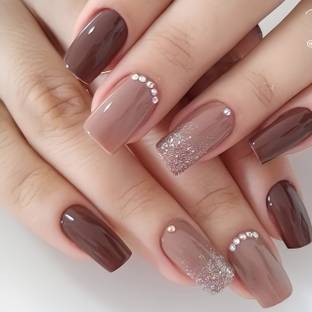 Shhagan Medium Square, Glossy, Brown Studded Artificial Nails