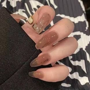 The Pink Truck Set of 24 Artificial reusable Nails in Coffee Bronze Glitter (R365) with glue Coffee, Brown, Glitter