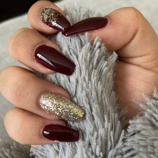 The NailzStation Glitter Designer Acrylic Fake Artificial Press on Nails art glue sticker kit Maroon, Golden