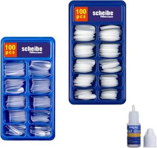 STEEL BANGLEZ 100 pcs White Nails, 100 pcs Transparent Nails and 1 pcs Nail Glue Multicolor