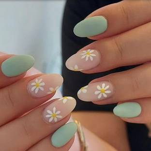 Shhagan Delicate Daisy Nails mint green, soft pink, white