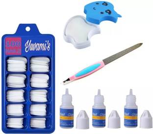 HIGHGLAM 100 nails with 3 Glue with 1 nail filer with 1 nailpolish remover wipes off white