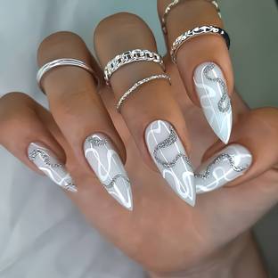 Shhagan Silver Snake Designer Press-on-Gel Nails with Application Kit 3050 Handmade, Multicolor