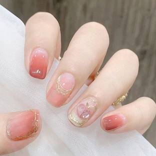 KILLFE Artificial Reusable Nails 24Pcs Set light pink color golden Parten Multicolor