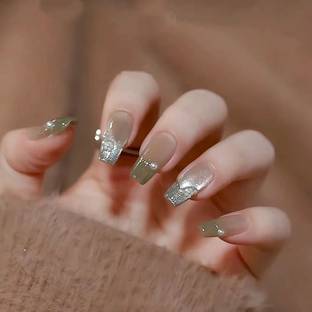 KILLFE Artificial Reusable Nail Green Glitter Pearl & Double-side Glue Sticker Peach, Green