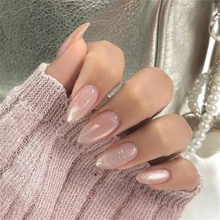 NAKHI 24 Artificial Fake Nail Set | Base Silver Glitter with Bow Design Glossy Nails Peach