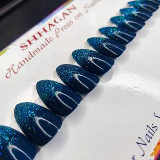 Shhagan Prussian Blue Glitter Ombre Designer Artificial Press-on-Nails with Glue 676 Multicolor