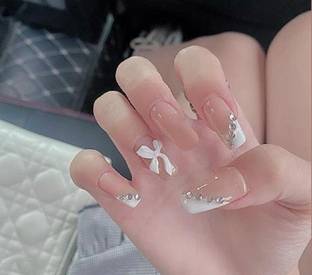 SECRET LIVES Designer artifical reuseable extension beautiful fake nails Baby Pink Studded 3D Bow with glue sheet convinent than manicure